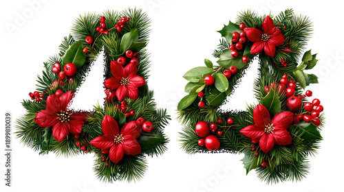 Festive Holiday Arrangement with Wreaths Forming Number Four Made of Red Flowers and Green Foliage for Seasonal Celebrations and Decor