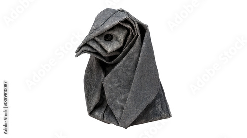 Gray Cloth Sculpture Shaped Like an Abstract Owl Figure Featuring Wrinkled Fabric and Button Accent for Artistic Display and Home Decor