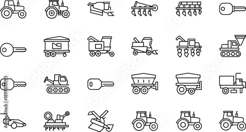 Agriculture and farming machinery line icons set with tractors harvesters plows trailers and equipment symbols for agribusiness design apps and rural industry vector projects