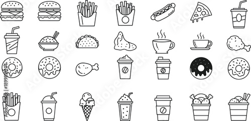 Fast food and drink line icons set featuring burgers fries coffee donuts pizza and desserts perfect for restaurant menu design apps and cafe branding projects