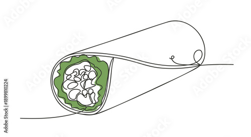 Vector sushi roll illustration, one line drawing, green and white, for food menu or restaurant website, isolated on transparent background, png