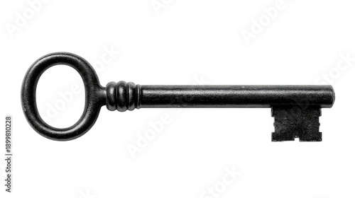 Vintage Black Key Isolated on White Background, Perfect for Security, Unlocking, Symbolism, Mystery, and Home Decor Concepts or Graphic Design Needs