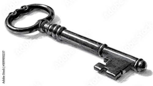 Vintage decorative key on white background showcasing ornate design, intricate details, and antique appearance for artistic and nostalgic themes