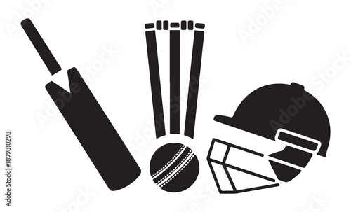 Cricket equipment black silhouette sport icon including bat wicket ball helmet isolated on white background