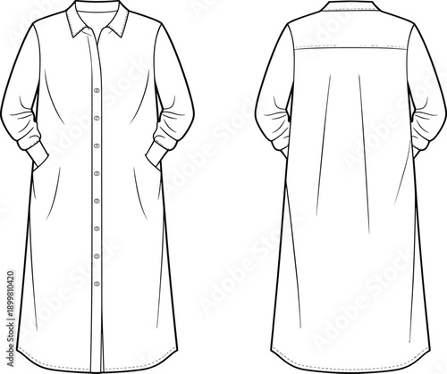 Cad drawing flat vector illustration, long shirt dress technical sketch, button down dress template, fashion apparel design, clothing pattern outline
