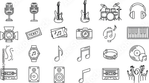 Music and audio line icons set featuring instruments microphones notes recording equipment and concert symbols perfect for media production apps entertainment branding and sound design projects