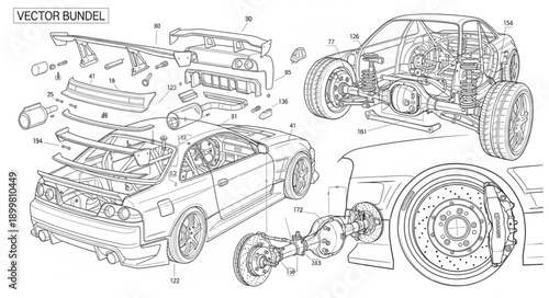 Detailed Technical Diagram of a Car Engine and Chassis Components.