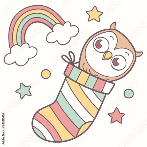 Cute Surprised Owl, accessorized with snuggled in a sock, in a Rainbow world – Pastel Rainbow palette vector