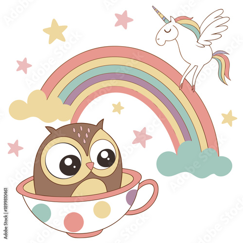 Cute SVG of a Bashful Owl in Pastel Rainbow colors, featuring in a teacup in a Rainbow setting