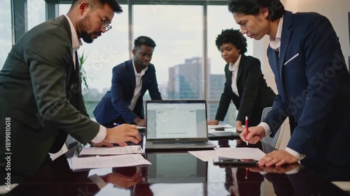 Business meeting in office with review and advice on legal project where people discussing future plan for law case research.Slow motion video.AI Generative.