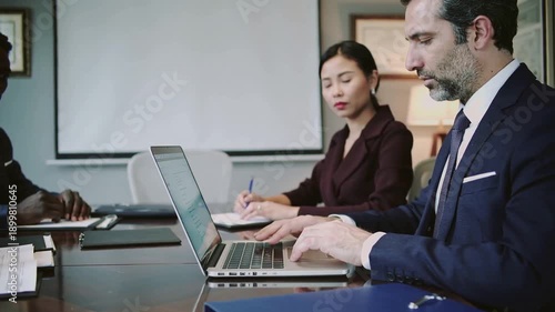 Business meeting in office with review and advice on legal project where people discussing future plan for law case research.Slow motion video.AI Generative.