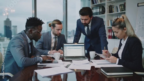 Business meeting in office with review and advice on legal project where people discussing future plan for law case research.Slow motion video.AI Generative.
