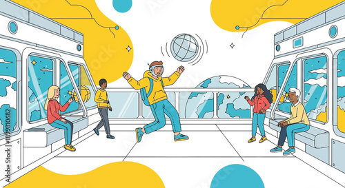 Illustrative depiction of space tourism adventure with diverse travelers enjoying simulated views