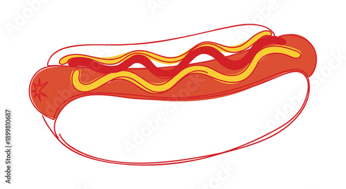 Vector hot dog illustration with ketchup and mustard, food icon or logo, for menu or advertising, Isolated on transparent background, png