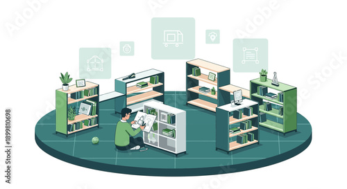 Illustrative depiction showcasing a person designing storage solutions within a conceptual space