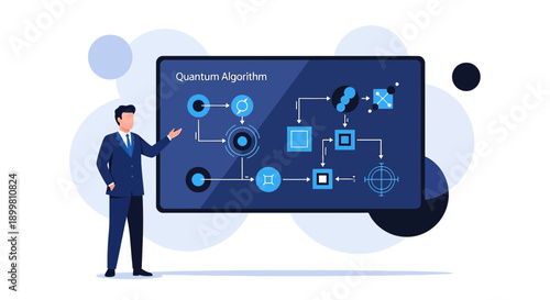 Illustrative presentation of quantum algorithm and technology exploration showing visual diagrams