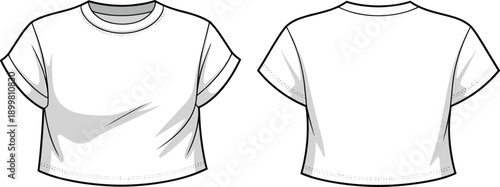 Cad drawing flat vector illustration, women's rolled sleeve crop t-shirt design, front and back view, fashion flat sketch template