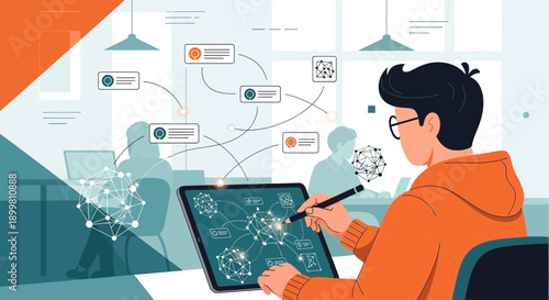 Illustrative representation of a man creating network diagram on digital tablet in workspace