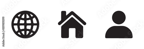 Essential monochrome pictograms for website navigation featuring globe house and user shapes