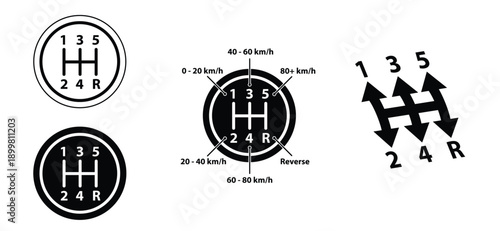 Cartoon manual gear lever. 1, 2, 3, 4, 5 and R indicate the forward gears. Car gear shifter, automotive transmission part symbol set. Car gearbox. Manual clutch knob. Car gear shifting lever.