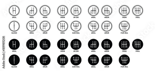 Manual gear lever. 1, 2, 3, 4, 5 and R indicate the forward gears. Car gear shifter, automotive transmission part symbol set. Car gearbox. Manual clutch knob. Car gear shifting lever. Stick shift knob