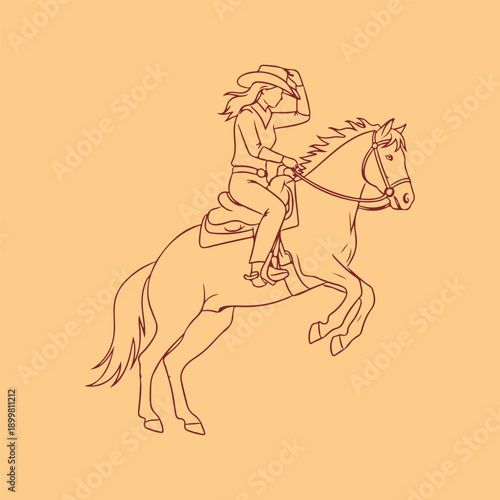 Dynamic line art illustration of a confident cowgirl in a wide brimmed hat expertly riding a powerful rearing horse with flowing mane embodying the spirit of the wild west