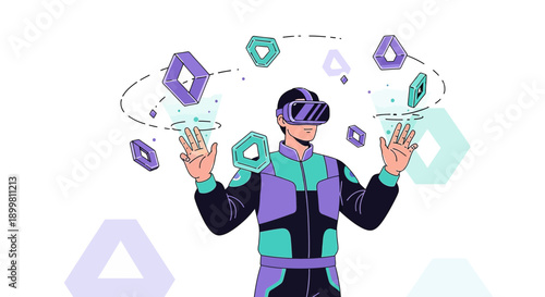 Immersive virtual reality experience with interactive geometric shapes and futuristic design