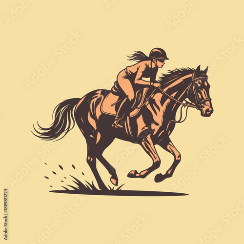 Dynamic illustration of a female equestrian in riding attire and helmet galloping a powerful horse with flowing mane and tail across grassy terrain conveying speed and athleticism