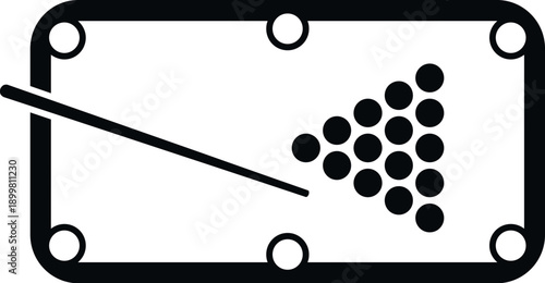 Black and white icon displaying a billiards pool table with balls racked and a cue stick