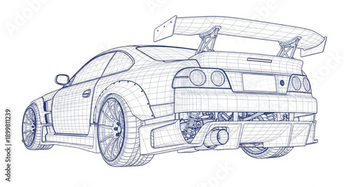 Detailed Sketch of a Tuned Sports Car with Large Spoiler.