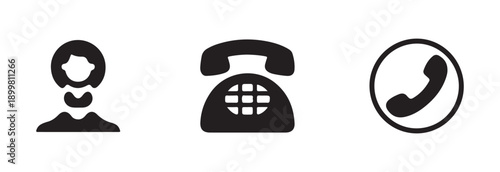 Set of communication and contact icons showing user profile classic rotary phone and phone receiver in circle illustration