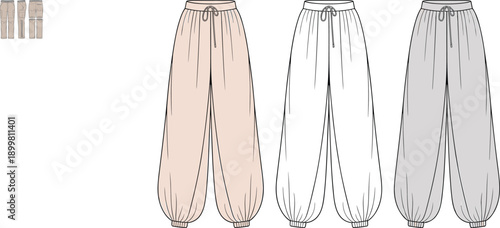 Cargo pants CAD drawing, flat vector fashion illustration with drawstring waist and elastic cuffs, beige white gray color variations