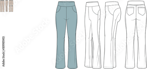 Cargo pants CAD drawing, flat vector fashion illustration with fitted waist, flared hem, blue front side back outline views