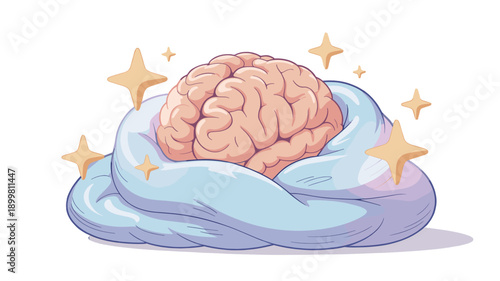 Brain resting on the softest pillow with bright shining stars.