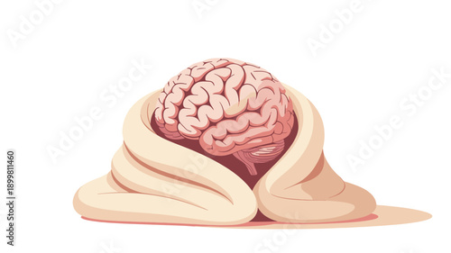 A detailed illustration of a human brain snugly wrapped in a blanket.