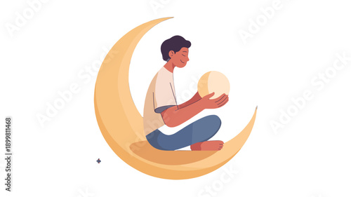 A person holding a light sphere while seated on a crescent moon.