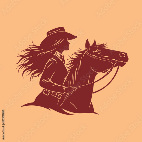 Silhouette of a determined cowgirl with flowing hair wearing a wide brimmed hat and jacket riding a powerful horse with reins depicted in a striking two tone graphic style