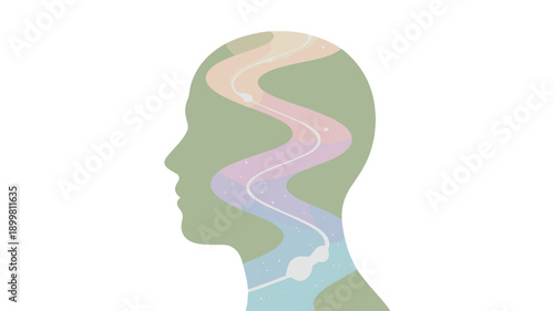 Illustration of a person with the river of thought within their mind.