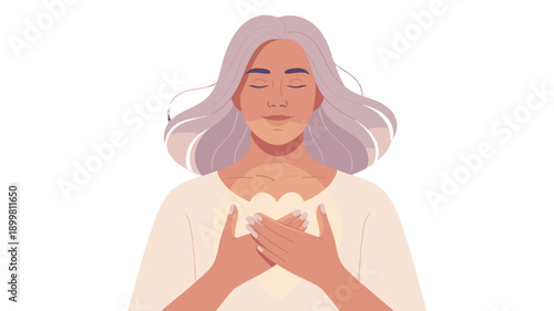 A portrait of a person with closed eyes, hands on their chest, showing a sense of tranquility and inner peace.