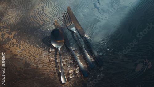 Fork and Spoon on Wet Surface After Dining Experience in a Restaurant Setting...