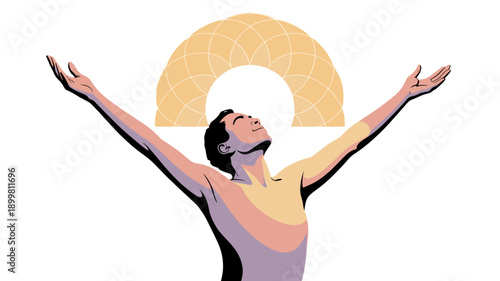 A man with open arms and a radiant emblem above him, embodying spirituality and aspiration.