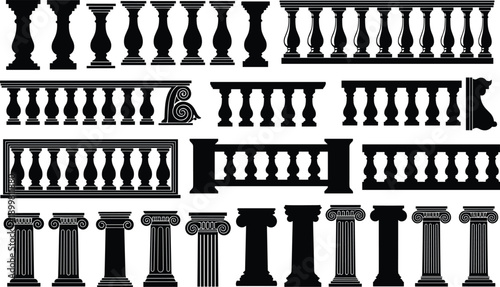Classical architectural balustrade and column silhouettes set including railings, pillars, and decorative elements, black isolated vector shapes for historic building and design projects
