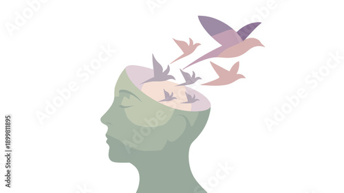 Conceptual depiction of a person with birds taking flight from their head, symbolizing freedom.