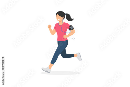 Woman running with headphones and smartphone armband for fitness and exercise