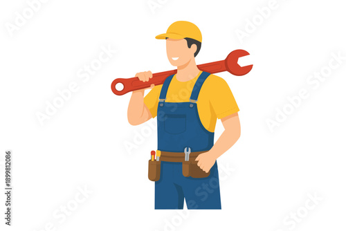 Skilled tradesman in blue overalls carrying a large wrench on his shoulder