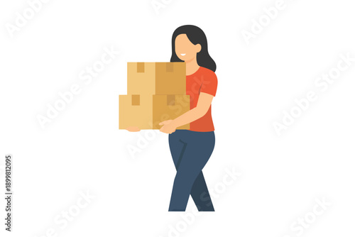 Woman carrying stack of cardboard boxes, representing delivery or moving services