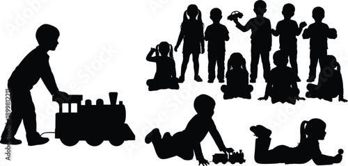 Black silhouette children playing with toys, group of kids activities, child development concept, isolated on white background, vector illustration, minimal, flat, design, set
