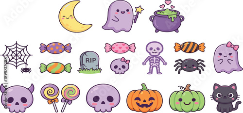 Cute Halloween icon set featuring kawaii ghosts pumpkins black cat candy skulls and graveyard elements in purple and orange pastel colors for kids holiday design