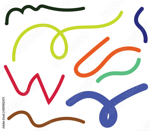 hand-drawn lines and squiggles in different colors, which appear to be vector graphics or illustrations used as design elements. They are described as playful, organic, and suitable for modern pattern