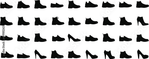 Collection of footwear silhouettes including boots, shoes, sneakers, and high heels, black isolated vector icons for fashion, retail, and design projects